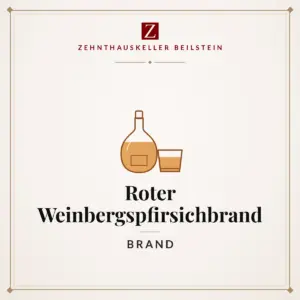 Etikett-Karte Roter Weinbergspfirsichbrand, Zehnthauskeller Beilstein